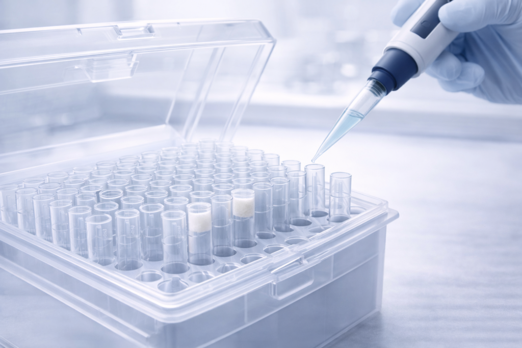 Sterile pipette tips in sealed rack with filtered and non-filtered tips in laboratory environment