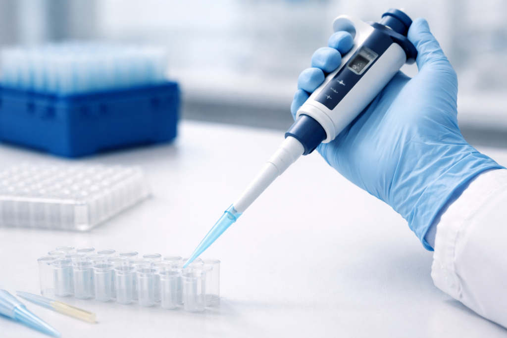 A scientist's gloved hand holding a single channel manual pipette with a blue tip over microcentrifuge tubes in a laboratory setting