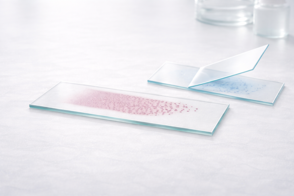 Thin blood smear prepared using wedge technique showing feathered edge and even cell distribution under light microscopy