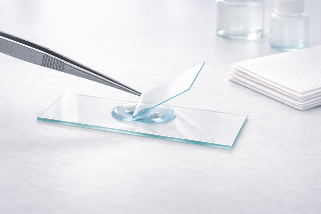 Wet mount slide preparation showing correct coverslip placement at an angle to prevent bubbles