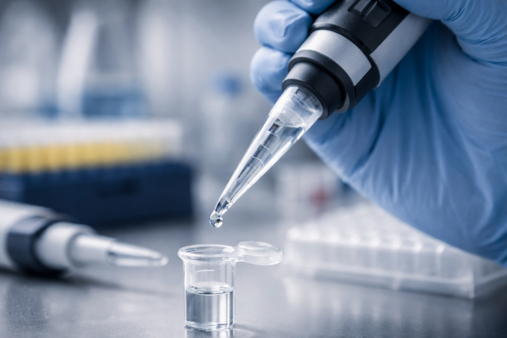 Scientist performing reverse pipetting with a micropipette to transfer liquid accurately in a laboratory setting