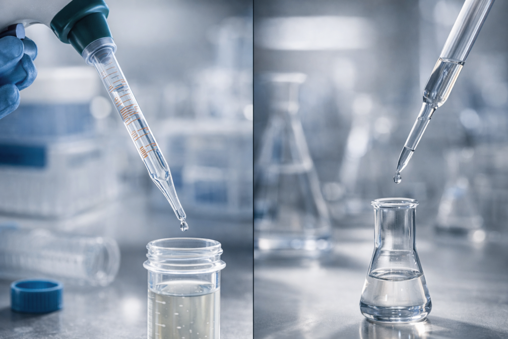 Side-by-side laboratory comparison of a serological pipette and a volumetric pipette showing graduated markings, glass and plastic materials, and different liquid transfer applications