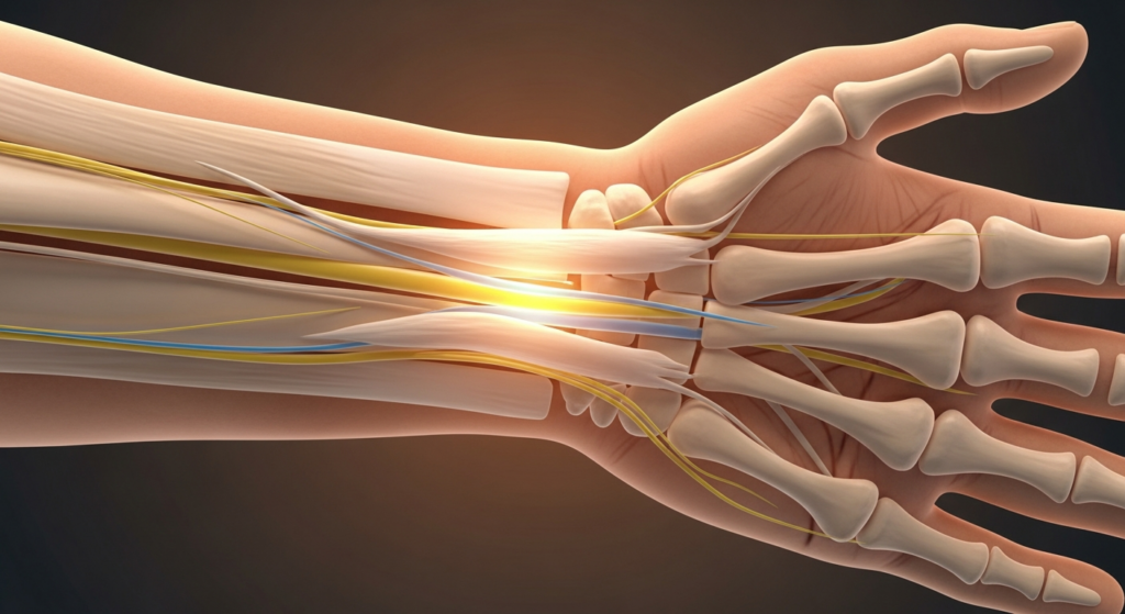 Woman holding painful wrist while experiencing carpal tunnel syndrome symptoms such as numbness, tingling, and hand pain