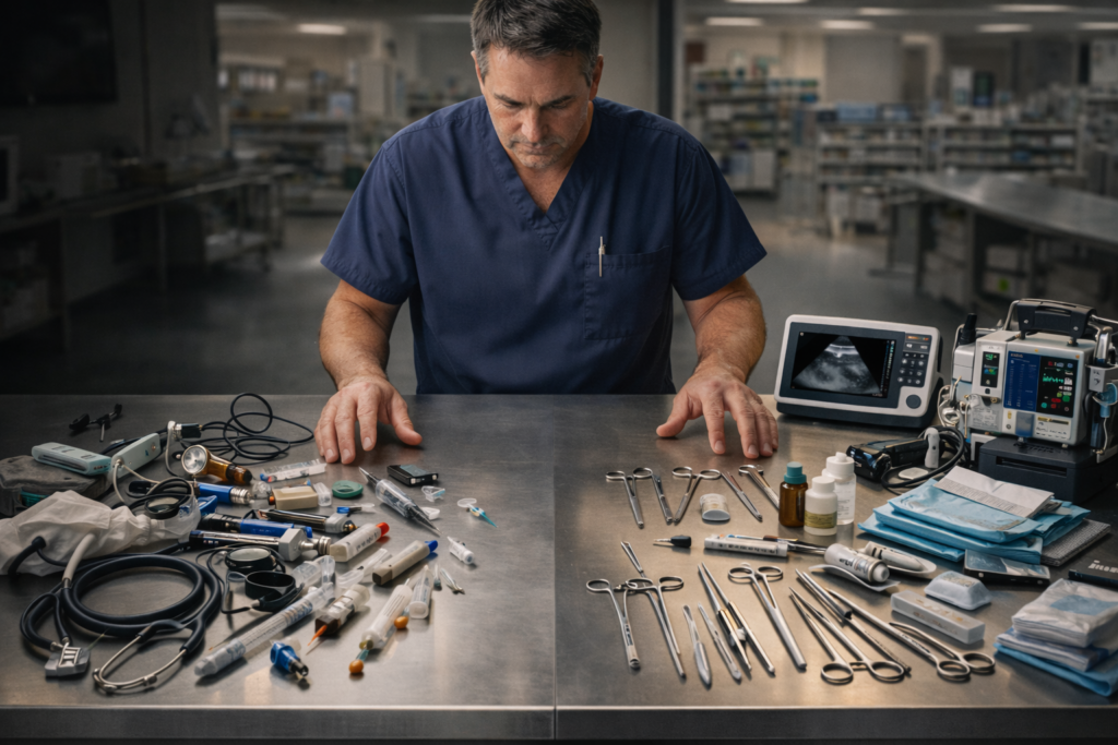 Veterinarian reviewing complete veterinary equipment setup with diagnostic tools surgical instruments ultrasound and patient monitoring systems in modern clinic