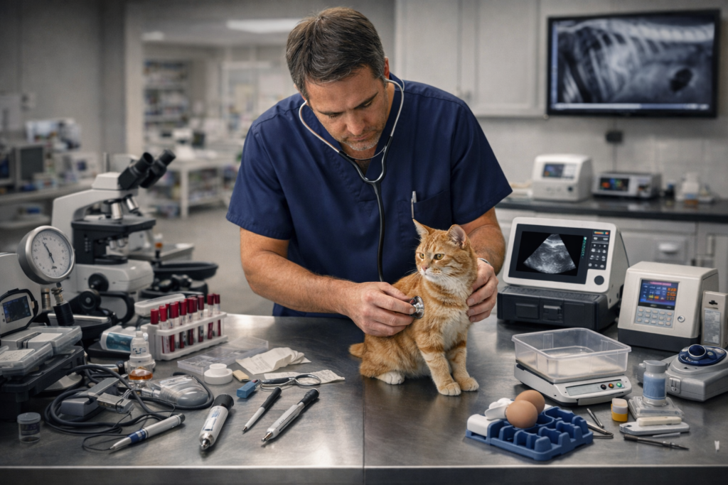 veterinary diagnostic tools setup in modern clinic exam room with ultrasound x-ray and lab equipment