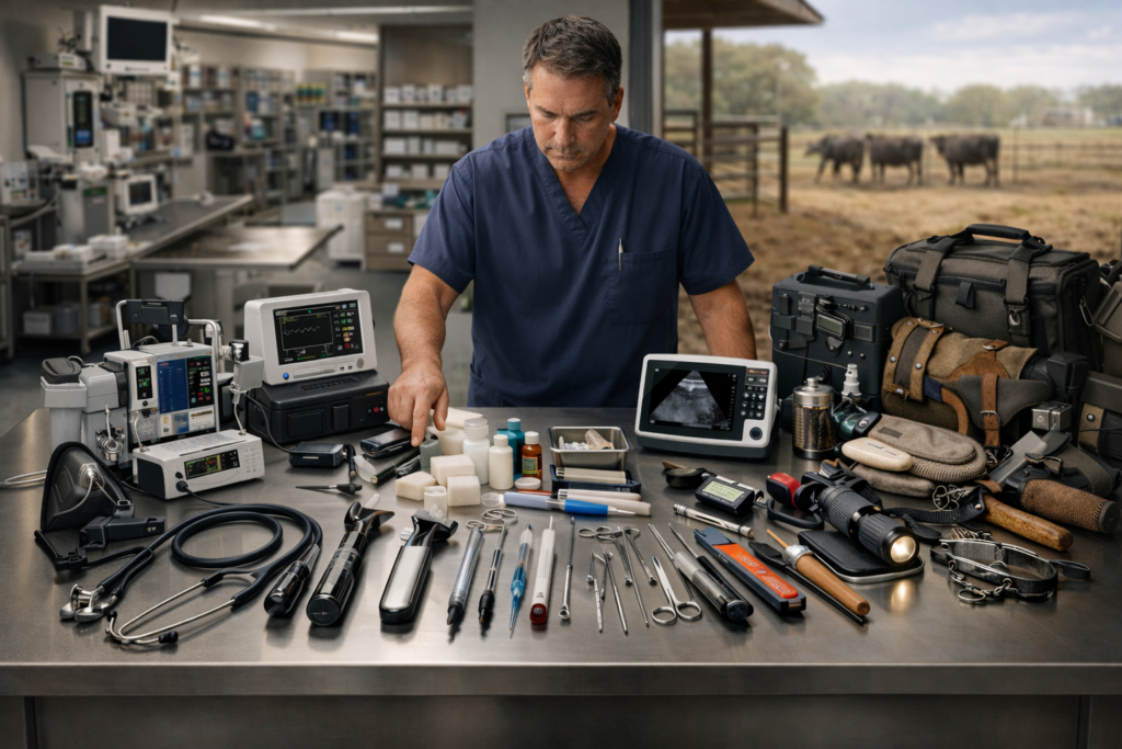 Veterinarian reviewing essential veterinary tools and instruments used for animal exams, diagnosis, surgery, treatment, and patient monitoring in a modern clinic