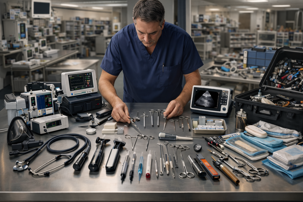 Veterinarian reviewing essential veterinary tools and equipment used for diagnosis, surgery, dental care, anesthesia, and daily animal treatment in a modern clinic