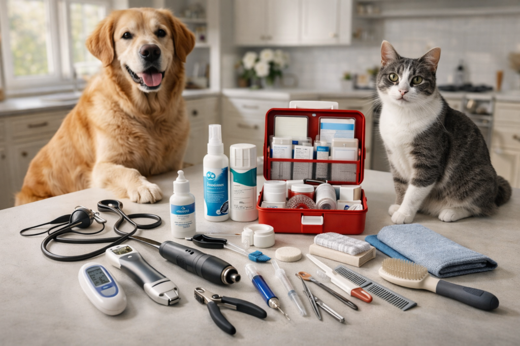 Essential veterinary tools for pet owners arranged for dog and cat home health care, including thermometer, grooming tools, dental kit, scale, nail clippers, and first aid supplies