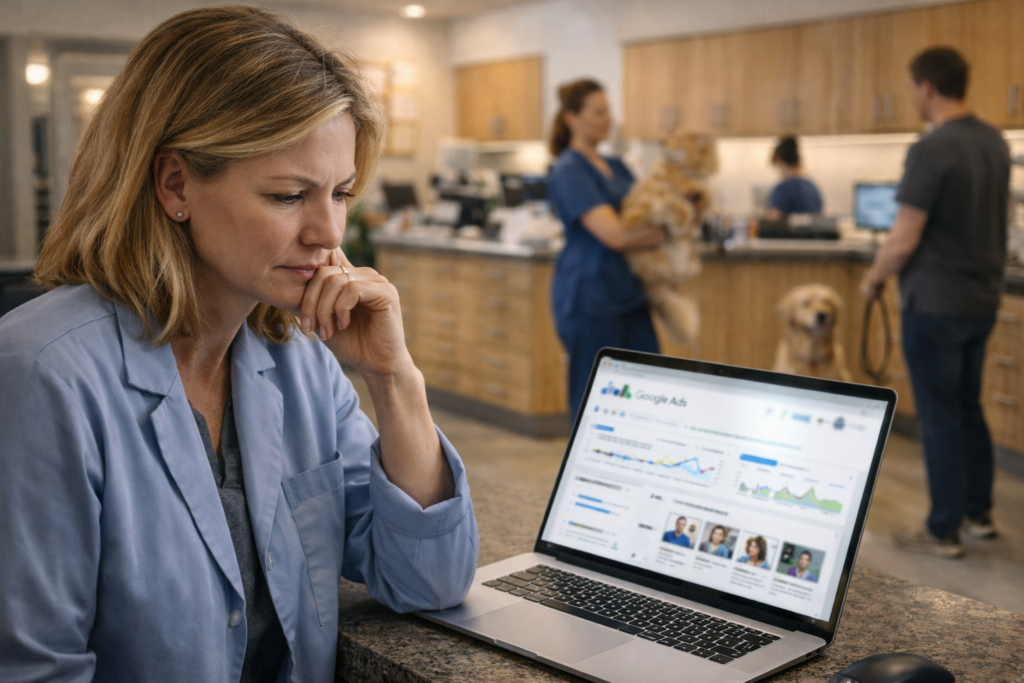 Veterinary clinic owner analyzing Google Ads campaign results and appointment leads to decide if paid ads are worth the budget
