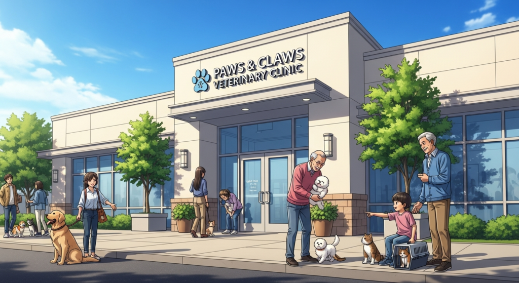 Veterinary clinic owner reviewing clinic financial performance, profit margins, expenses, and revenue strategy inside a modern animal hospital