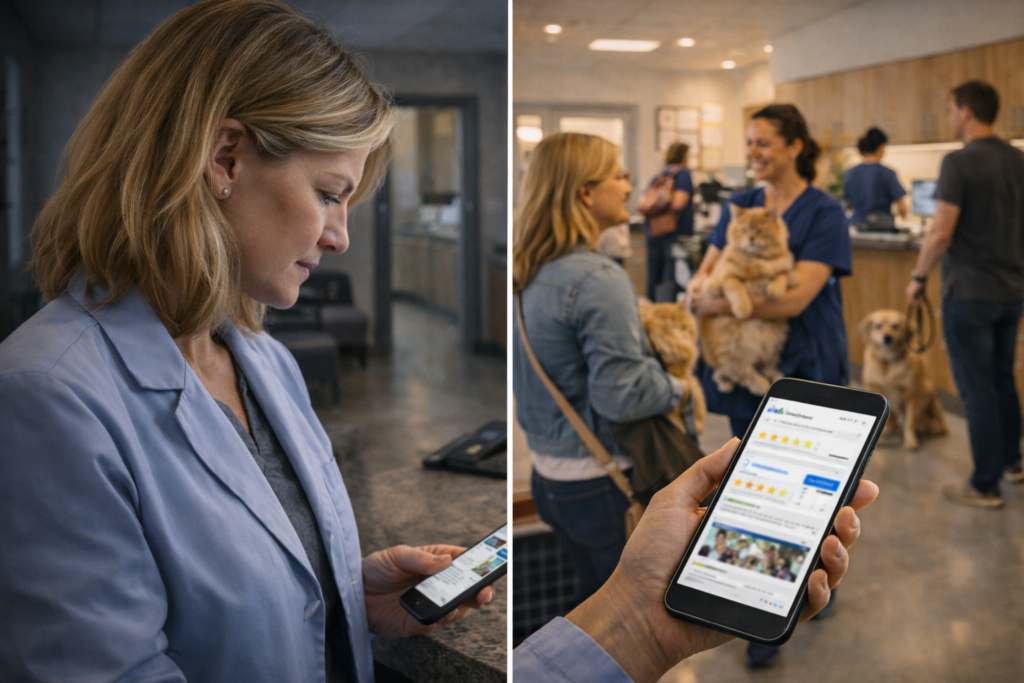 Veterinary clinic owner attracting new pet owners through trust, digital marketing, and client experience
