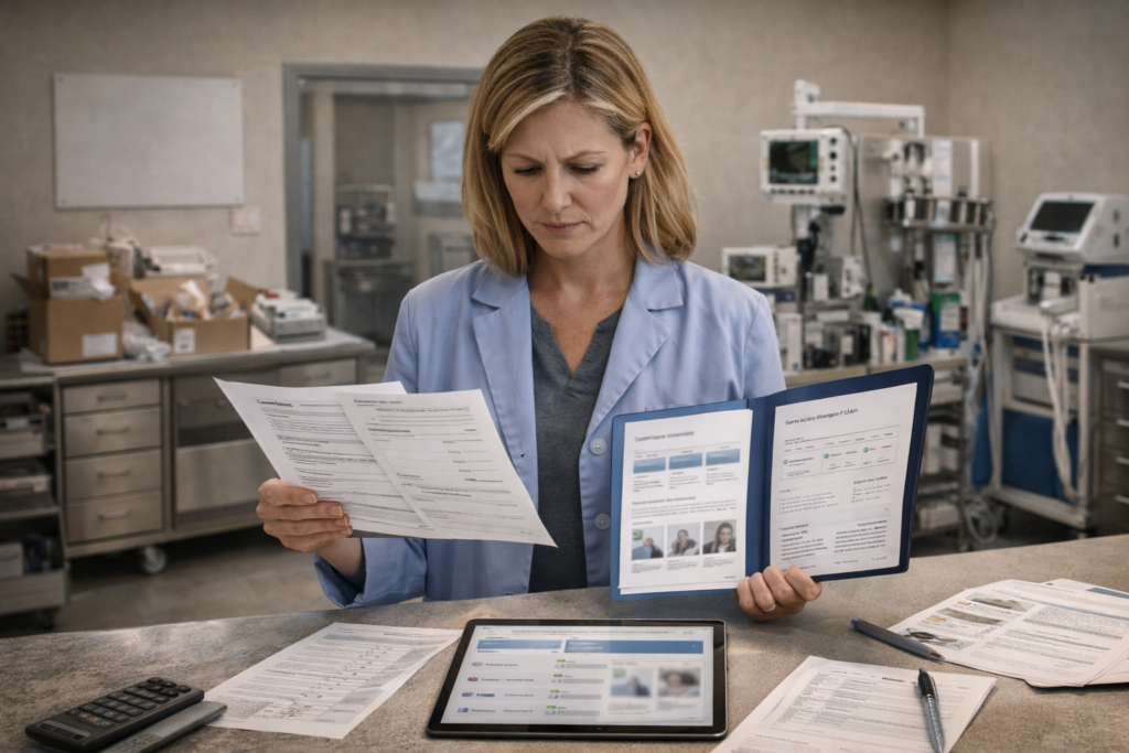 Veterinary clinic team comparing veterinary equipment suppliers, vendor quotes, warranties, and service support before buying equipment