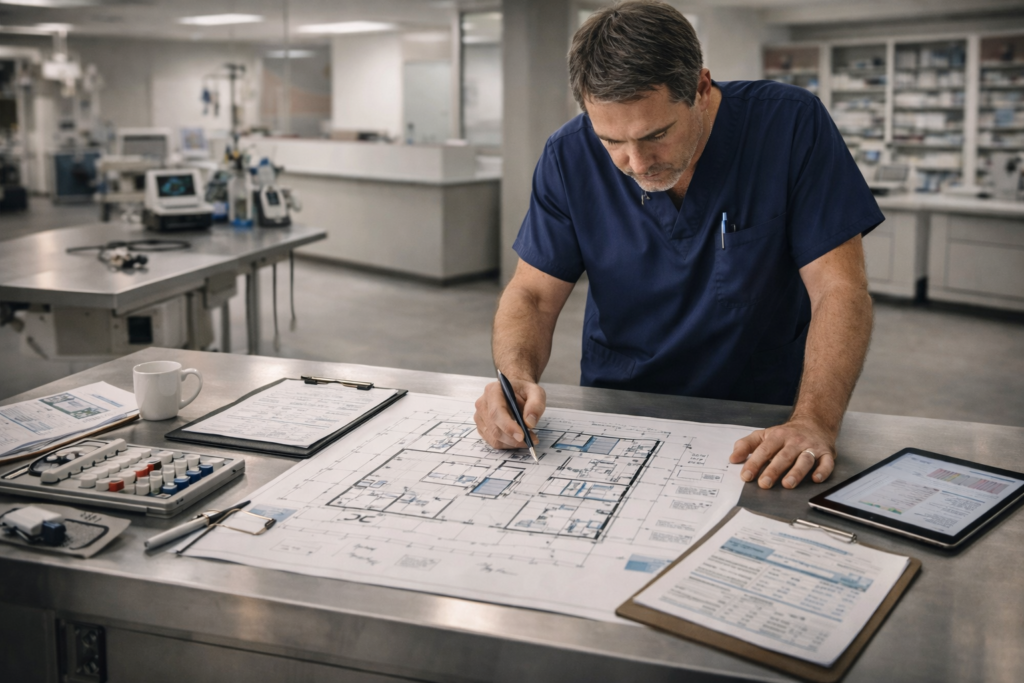 Veterinarian planning and setting up a new veterinary clinic with equipment, floor plan, startup documents, and business strategy