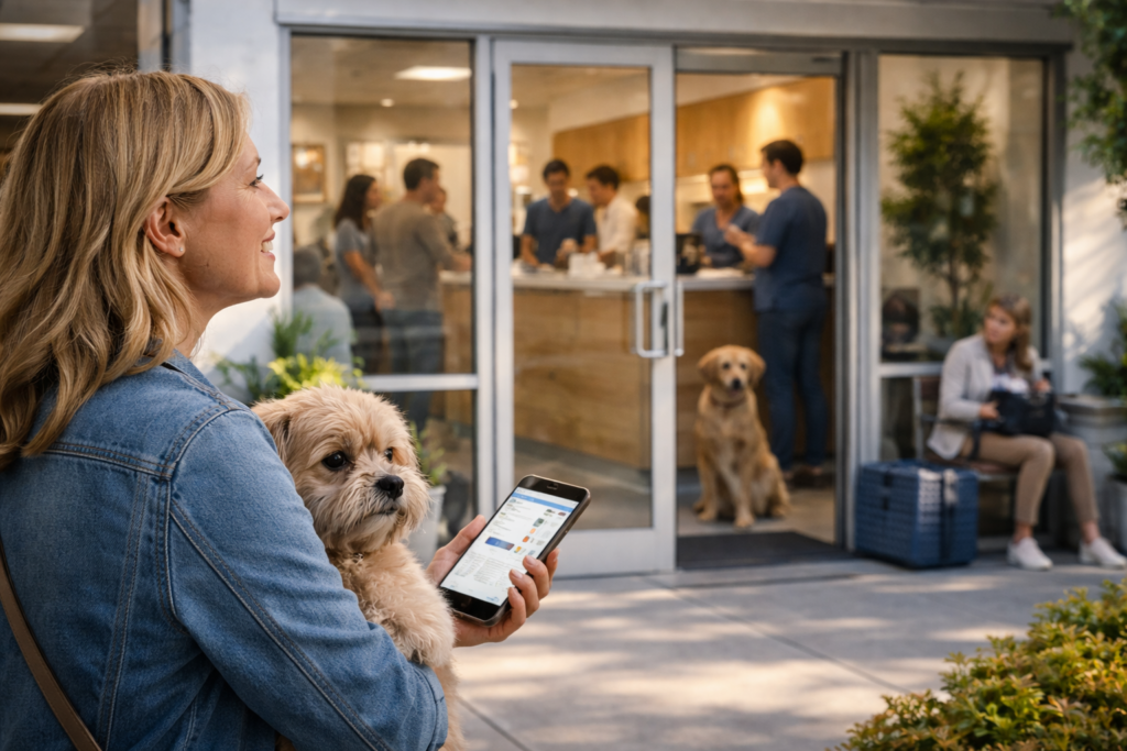 Veterinary clinic owner improving local SEO visibility through Google Business Profile, reviews, and local search strategy