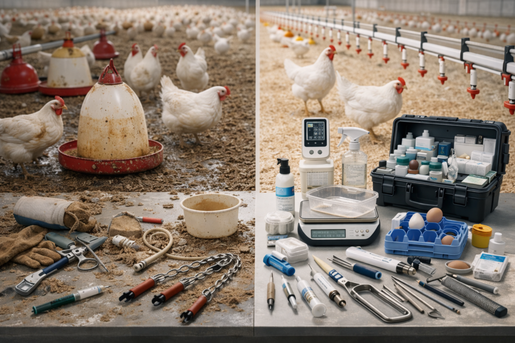 Poultry veterinary equipment setup for chicken farms with feeders, nipple drinkers, brooder heating, sanitation tools, and flock health monitoring equipment