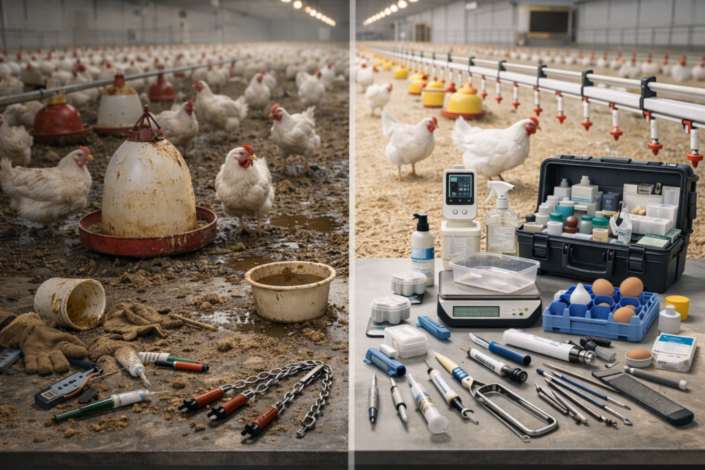Poultry veterinary equipment setup for chicken farms with feeders, drinkers, brooder, sanitation tools, and flock health monitoring devices