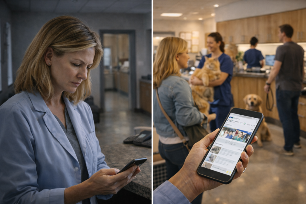 Veterinary clinic owner using social media marketing strategy to build trust and attract pet owners