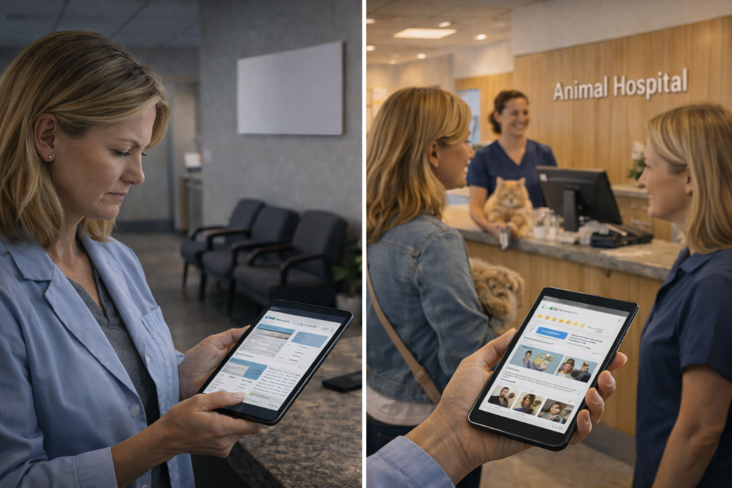 Veterinary clinic owner reviewing brand identity, naming, and positioning strategy in a modern trusted animal hospital