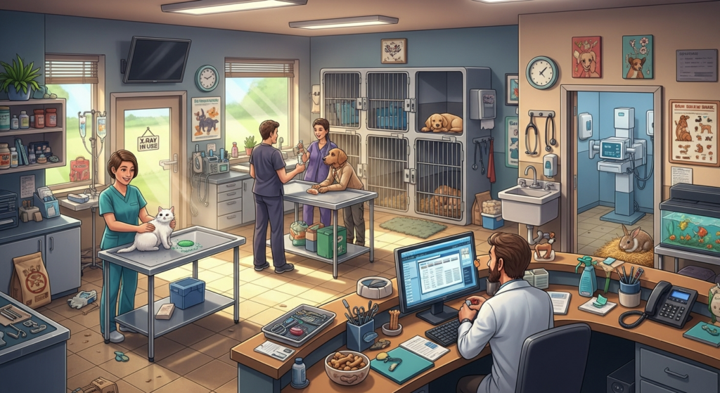 Veterinary clinic owner reviewing essential equipment for a new clinic including exam room, surgery, diagnostics, and treatment setup