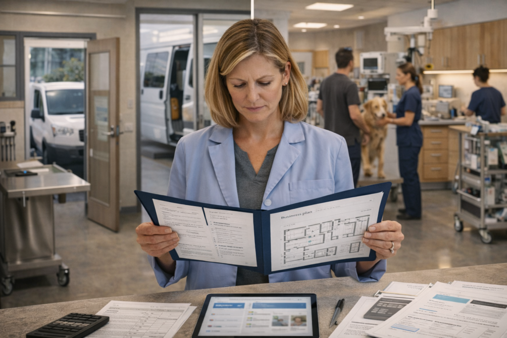 Veterinarian and clinic owner comparing different veterinary clinic models including private, corporate, mobile, urgent care, specialty, and hybrid practice options