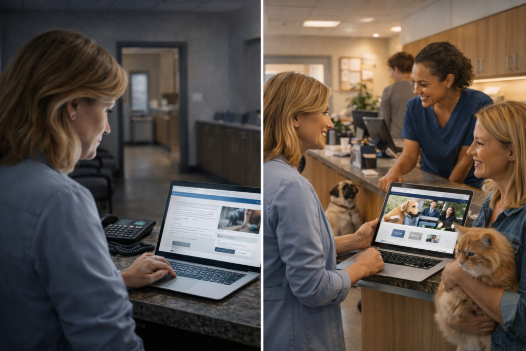 Veterinary clinic website conversion concept showing trust signals, online booking, mobile UX, and homepage elements that help convert pet owners into appointments