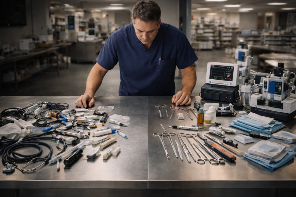 Organized veterinary equipment list for clinics and farms including exam room, surgery, lab, imaging, and large-animal veterinary tools