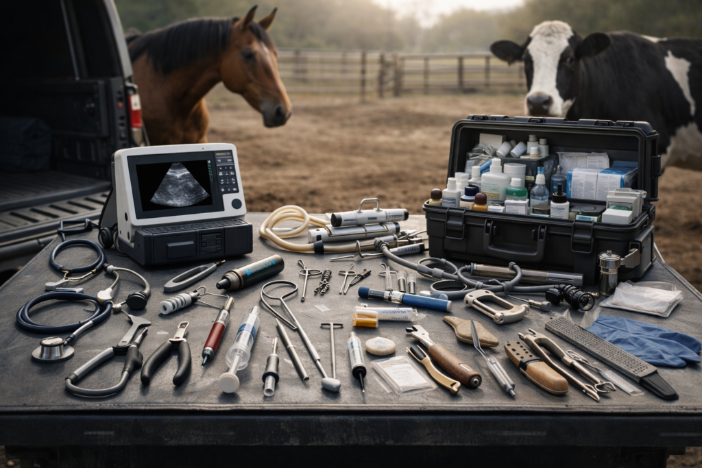 large animal veterinary equipment setup for cattle and horses including portable ultrasound obstetrical tools hoof tools and mobile diagnostic instruments
