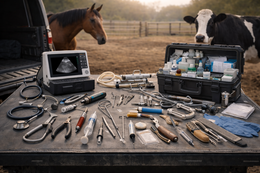 professional large animal veterinary equipment setup for cattle and horses including ultrasound, hoof tools, calving kit and diagnostic tools in field conditions