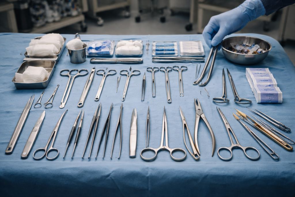 Veterinary surgical instruments arranged by category including scissors forceps hemostats retractors and needle holders in a clinical setup