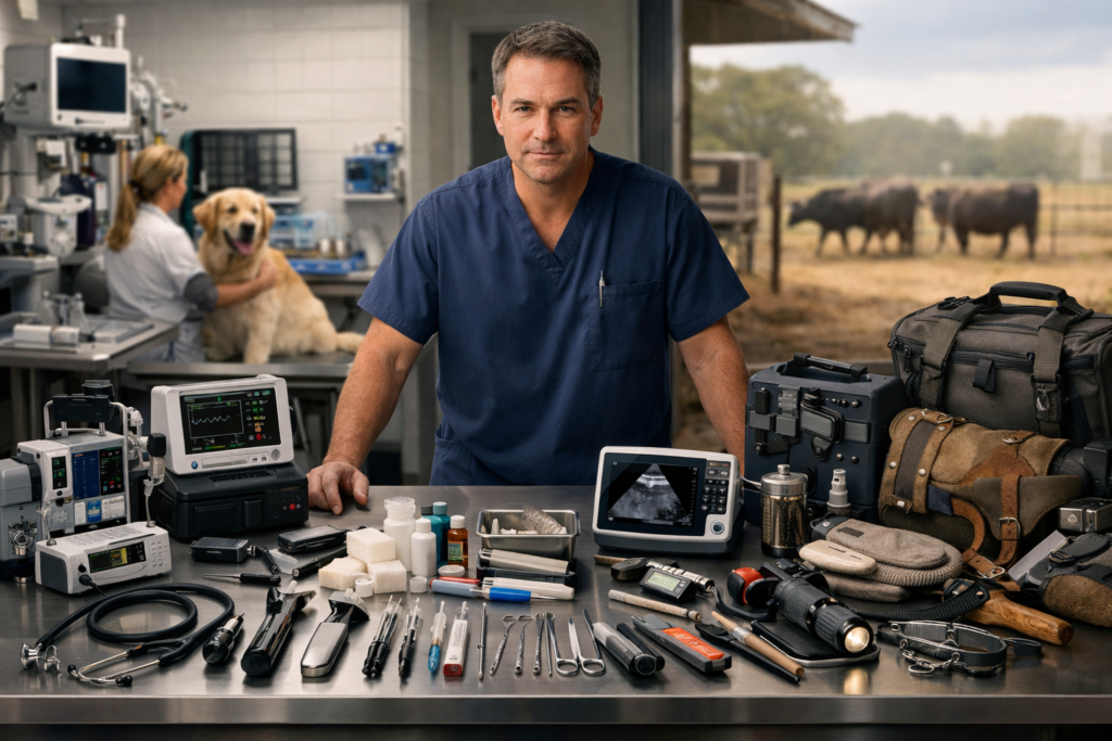 Essential veterinary tools and equipment for clinics, farm veterinarians, and animal care facilities including diagnostic tools, procedure tables, monitoring equipment, and treatment setup