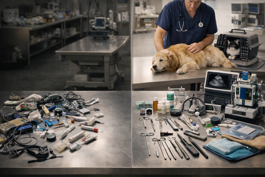 Essential veterinary tools for small animals including diagnostic, surgical, dental, and monitoring equipment for dogs and cats in a modern vet clinic