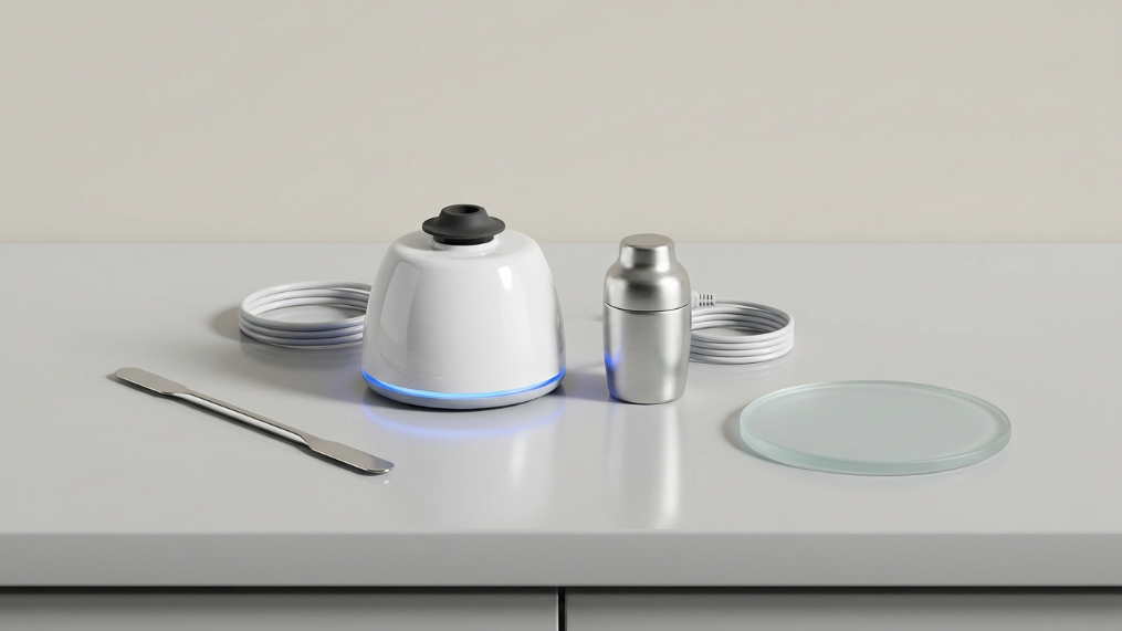 Professional beauty lab tools for mixing nail art and cosmetics, including vortex mixers, spatulas, and palettes.